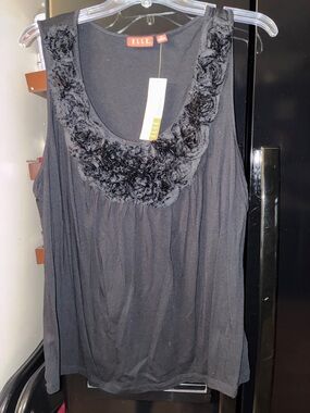 Elle Black Scoop Neck Tank with Rosette Trim